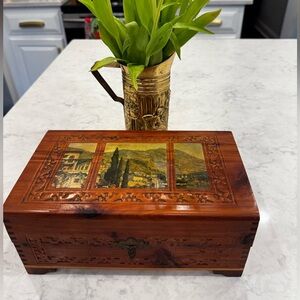 Vintage Carved Cedar Jewelry Trinket Box Italian Scenic Lid